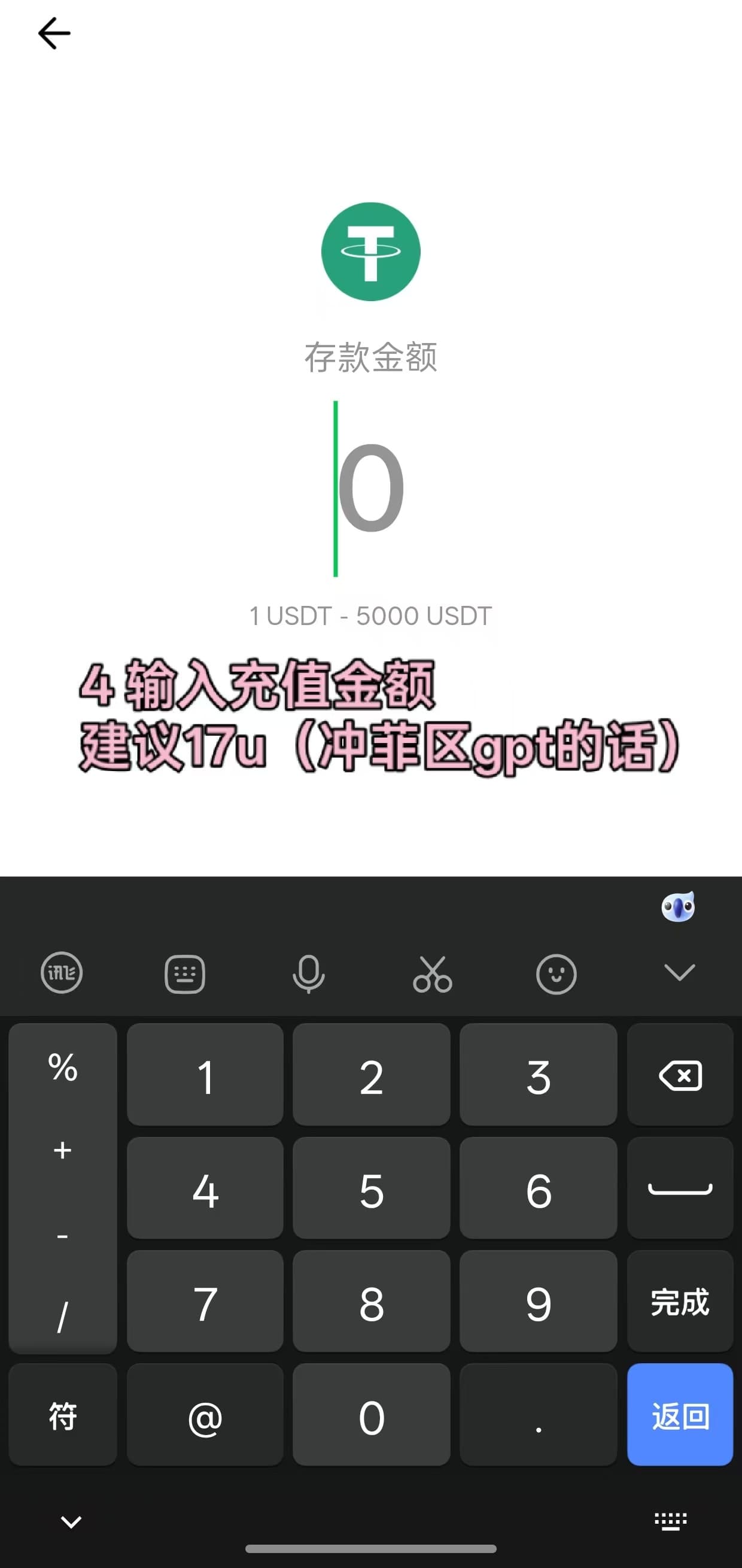 MPchat 存款金额输入示意，金额为原稿示例
